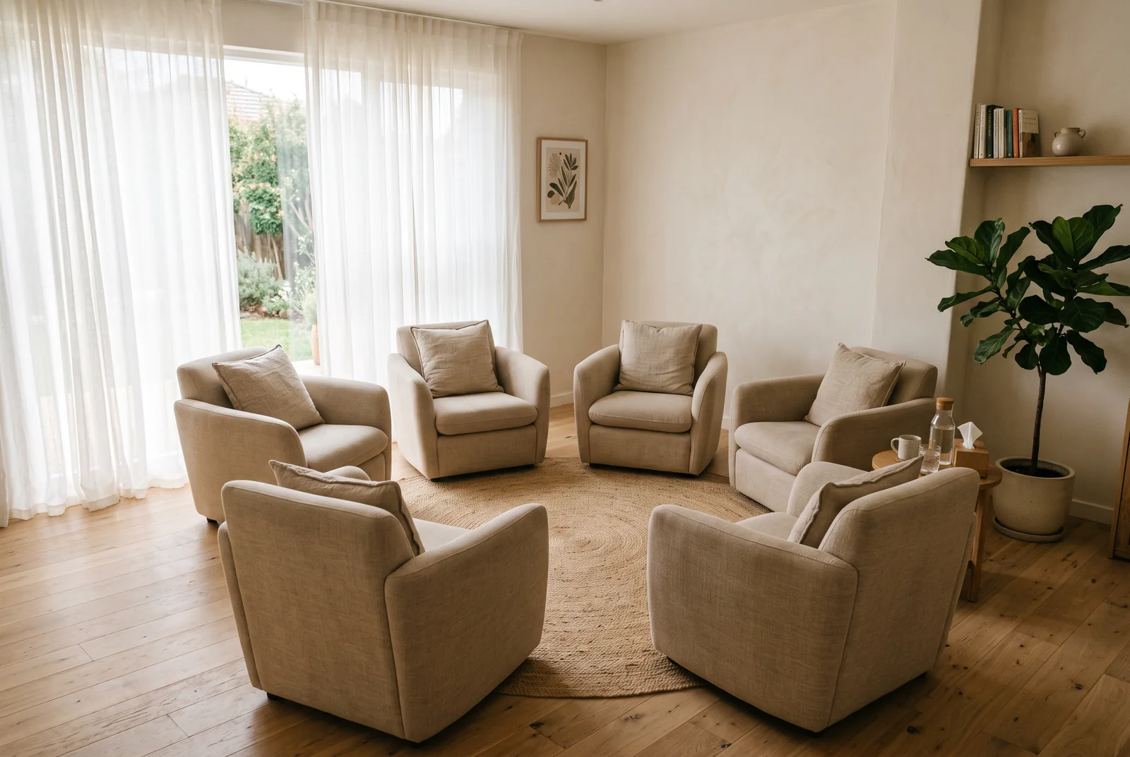 Krąg foteli w jasnym gabinecie grupowym